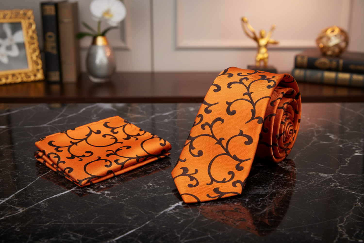 View 2: A Orange and Brown Vine Pattern Necktie, Matching Pocket Square