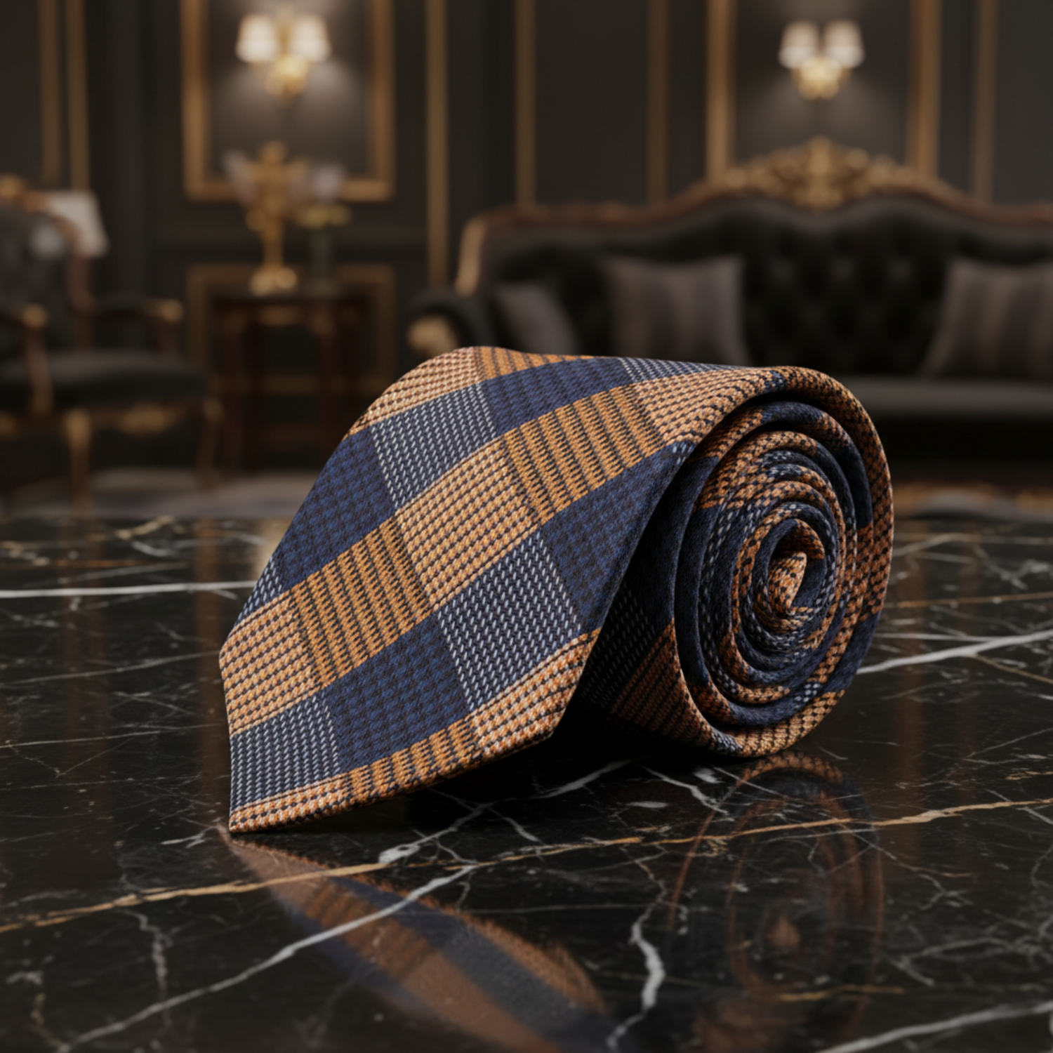 Orange, Black, Blue Plaid Necktie  