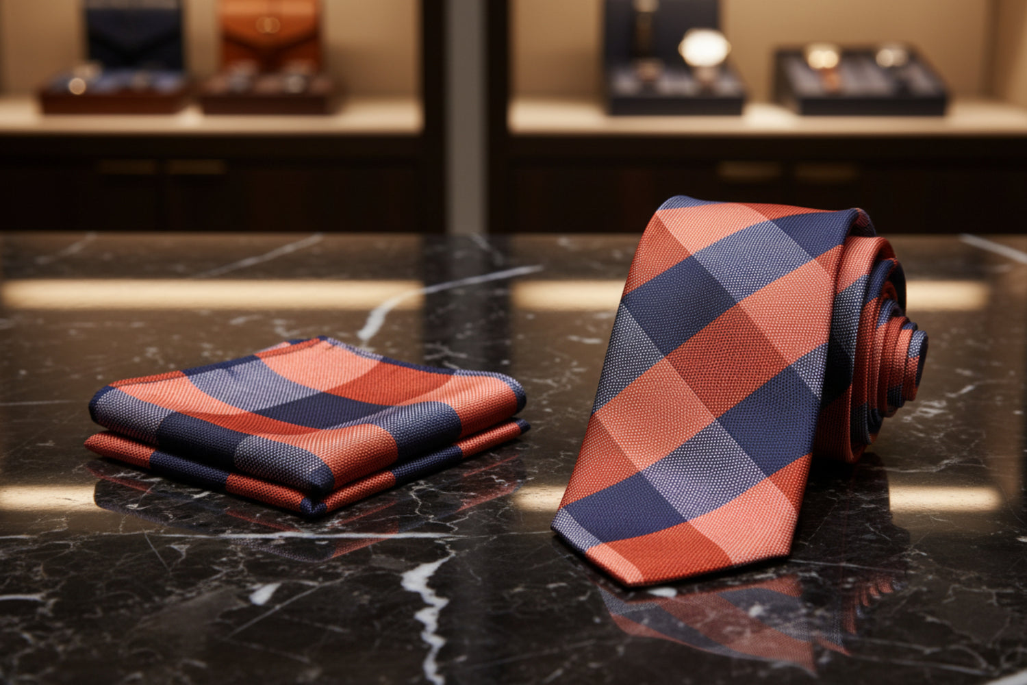Alt View: A Orange, Blue Plaid Pattern Necktie, Matching Pocket Square