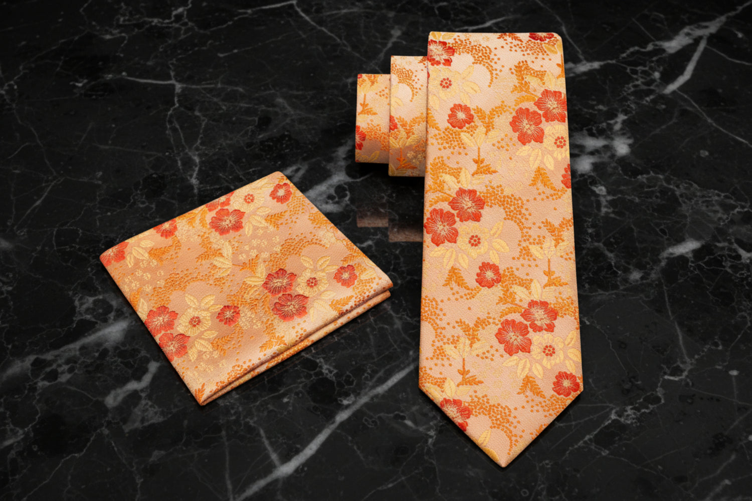 Alt View: A Light Orange, Orange Floral Pattern Necktie With Matching Pocket Square
