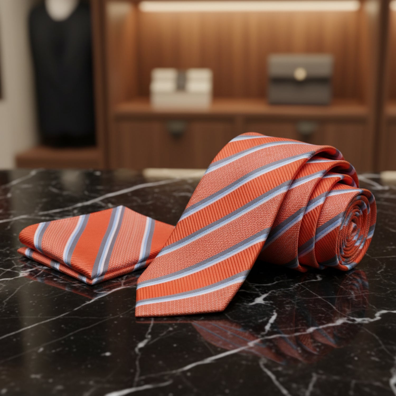 View 2: Orange and Grey Stripe Tie and Pocket Square