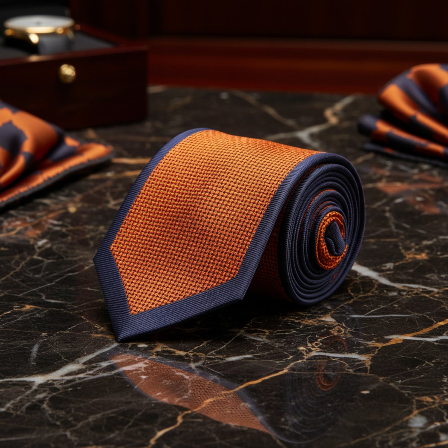 Orange with Crosshatch texture and grey border pattern necktie  