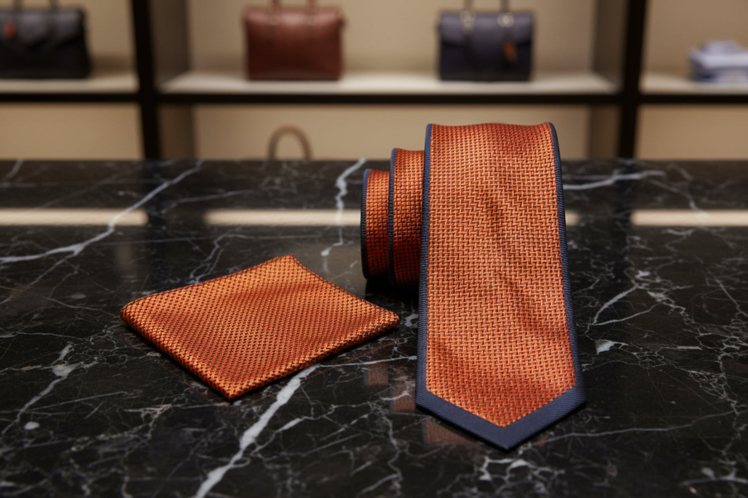 Alt View: Orange with Crosshatch texture and grey border pattern necktie and pocket square