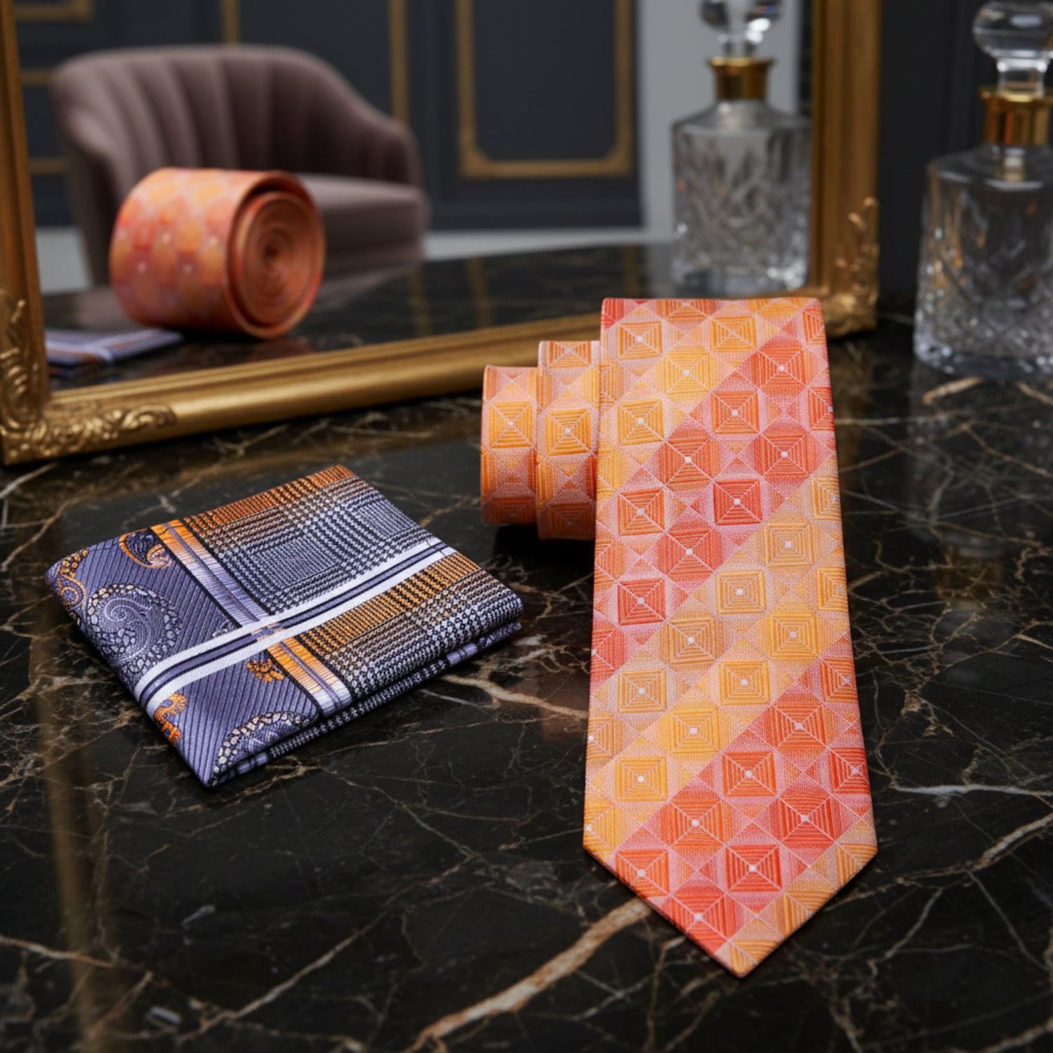 Alt View: Shades of Orange Geometric Necktie and Accenting Square