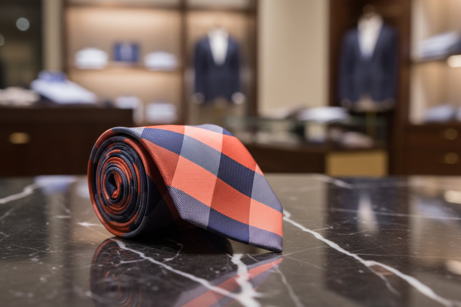 A Orange, Blue Plaid Pattern Necktie 