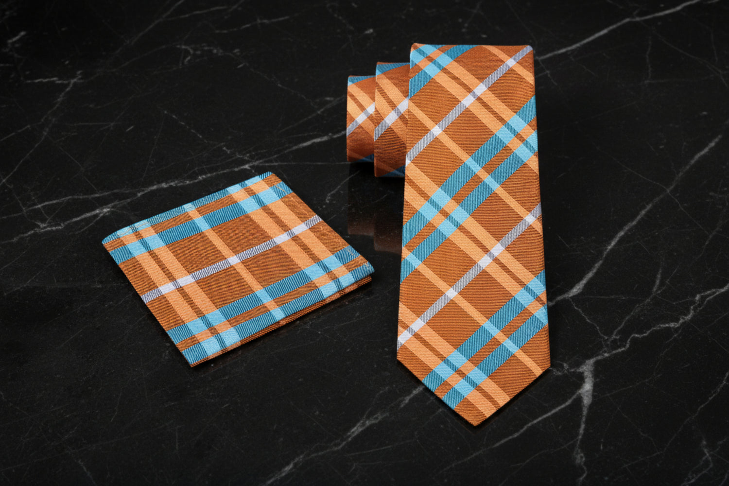 Alt View: Orange and Teal Plaid Tie and Square