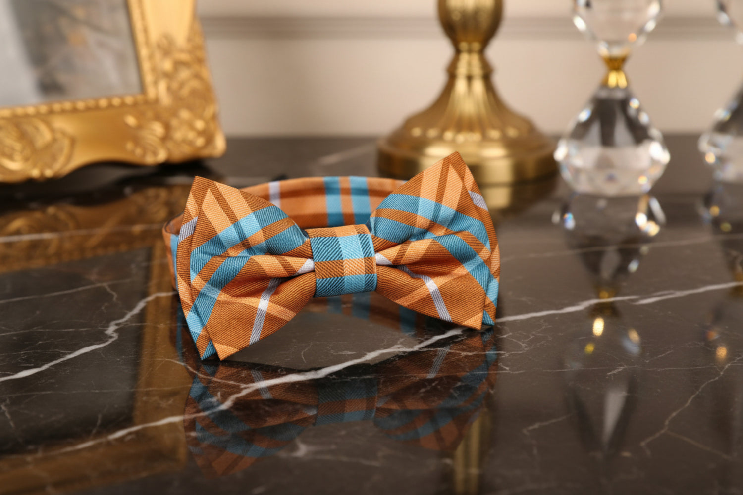Orange, Light Blue Plaid Bow Tie Pre Tied