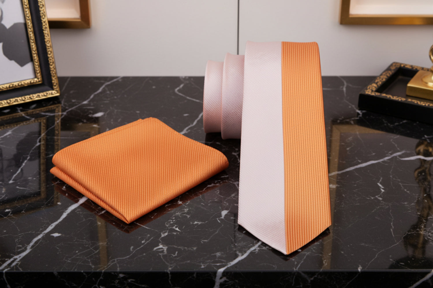 Alt View: Light Orange, Orange Stripe Silk Necktie and Pocket Square