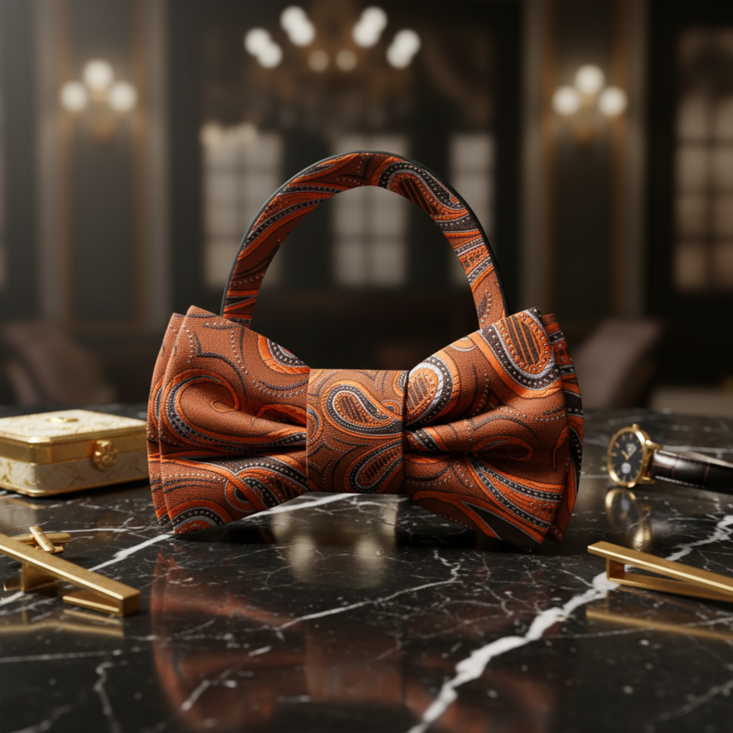 Rust Orange Paisley Pre Tied Bow Tie