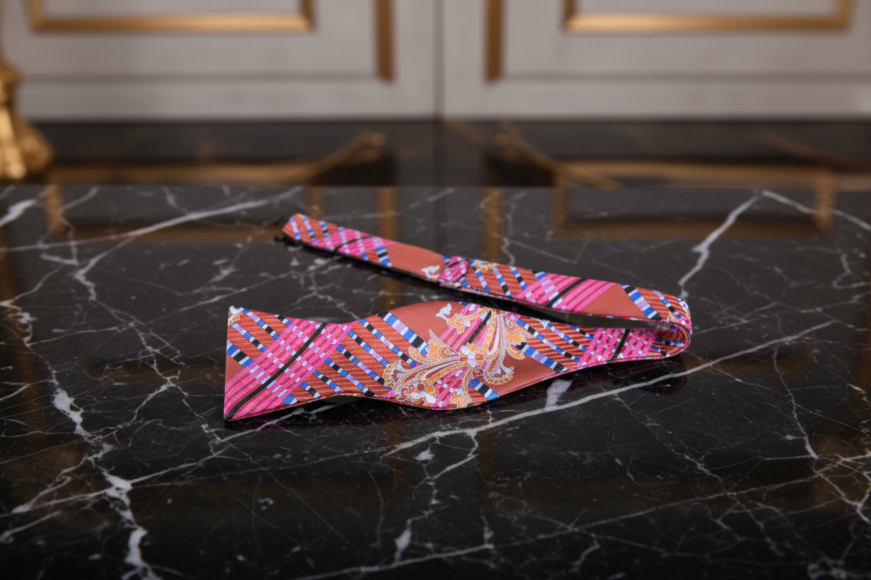 A Peach, Pink Abstract Intricate Floral and Paisley Pattern Self Tie Bow Tie Untied