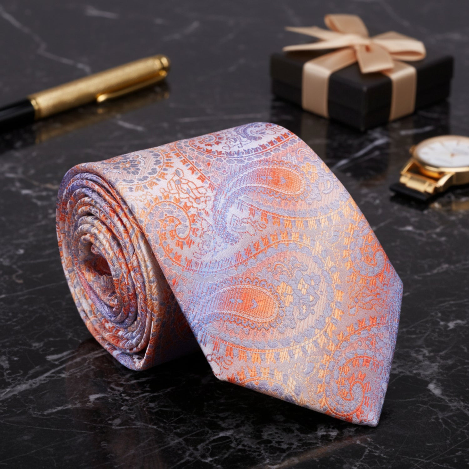 A Peach, Purple Paisley Pattern Necktie 