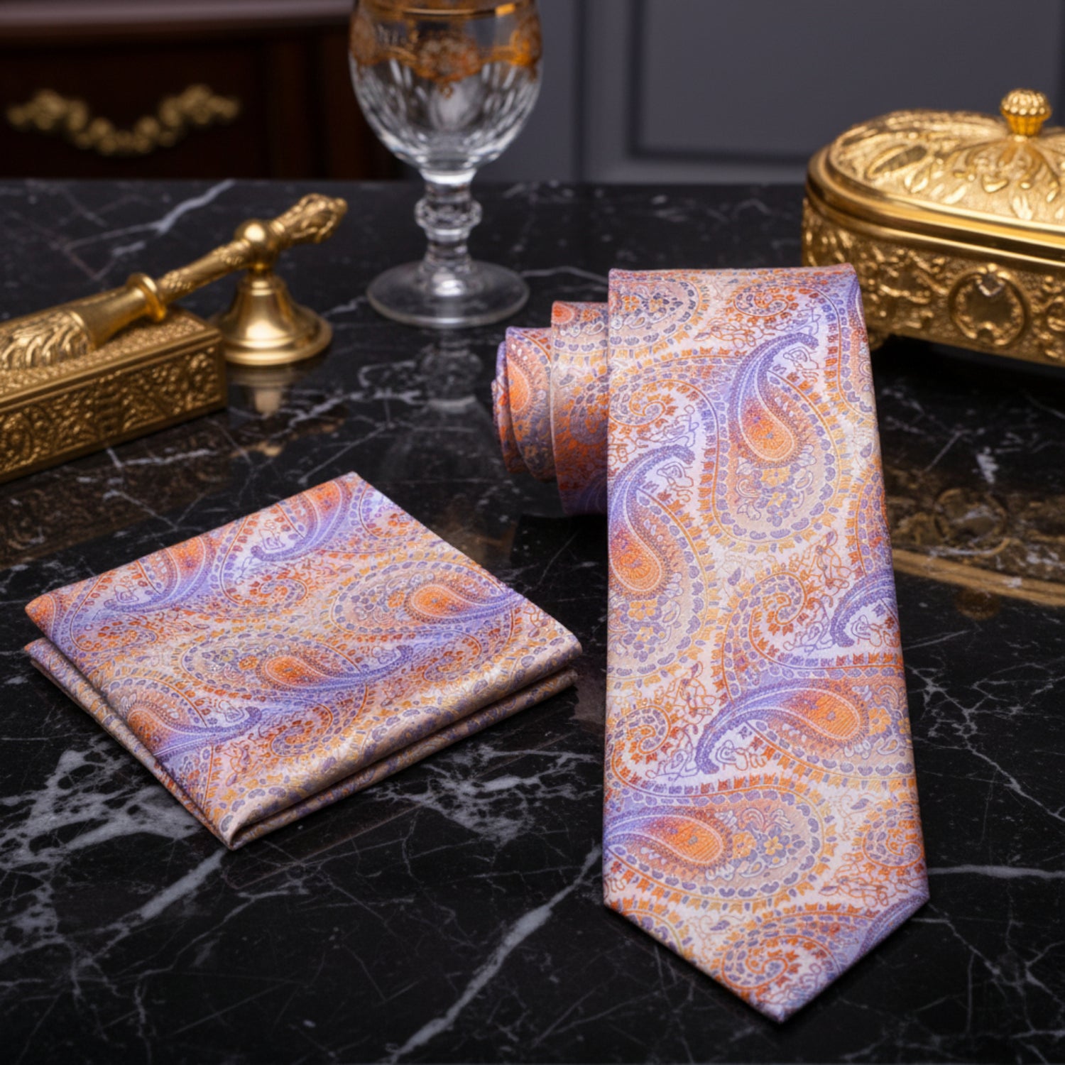 Alt View: A Peach, Purple Paisley Pattern Necktie With Matching Pocket Square