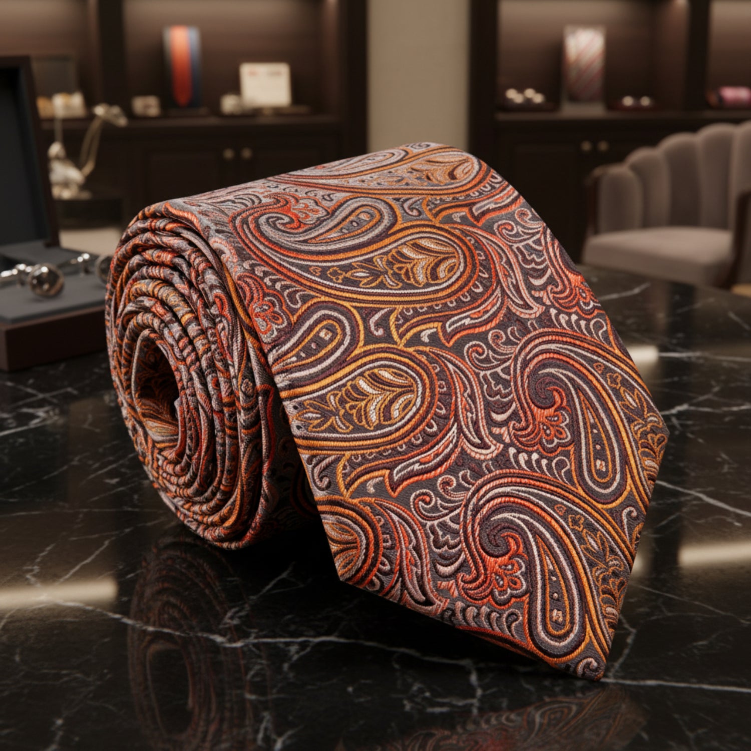 A Orange, Grey, Yellow Paisley Pattern Necktie 
