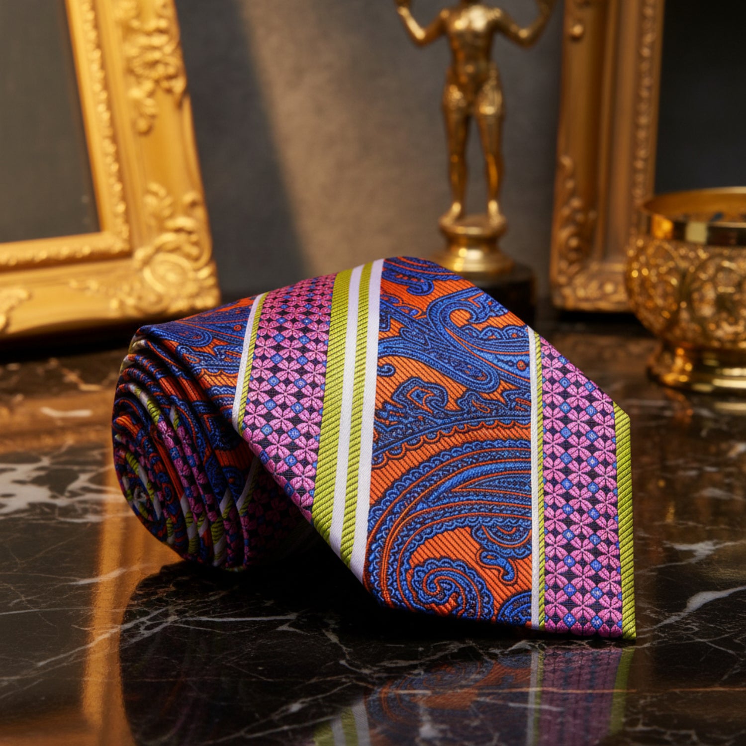 A Lime, Orange, Purple, Blue Paisley Pattern Necktie, 