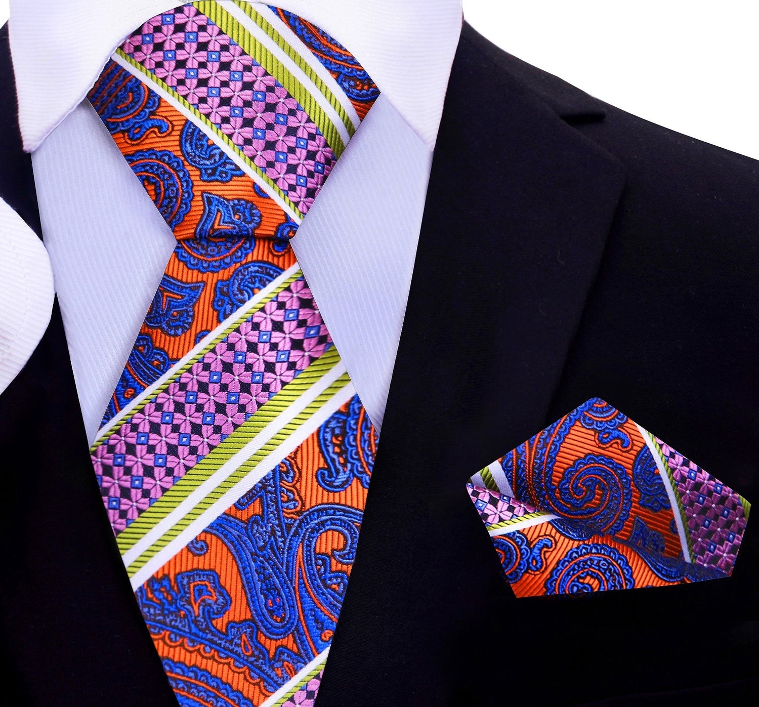 A Lime, Orange, Purple, Blue Paisley Pattern Silk Necktie, Matching Pocket Square