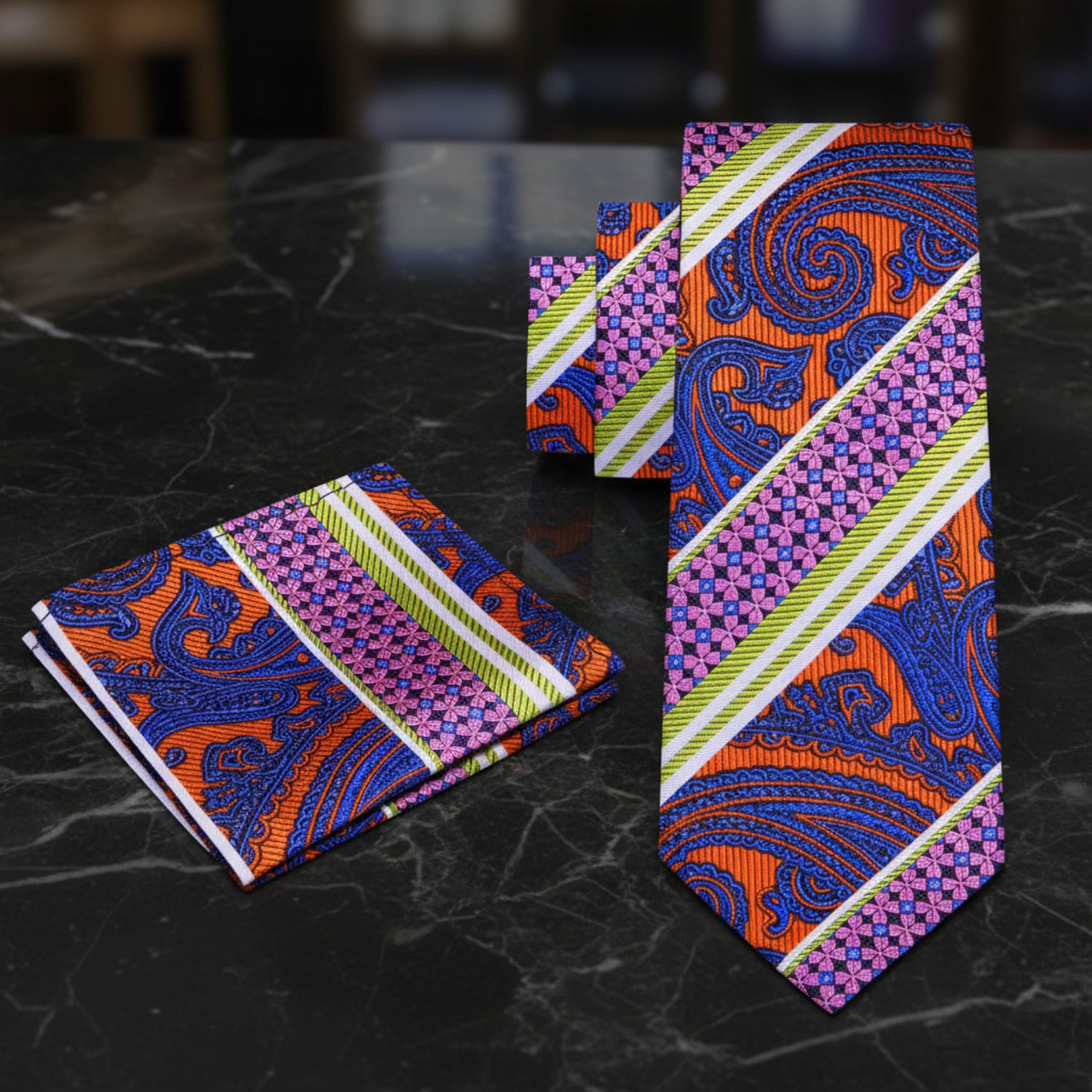Alt View: A Lime, Orange, Purple, Blue Paisley Pattern Necktie, Matching Pocket Square