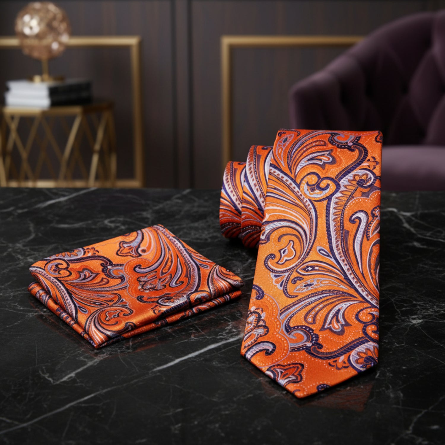 Orange, Purple and White Paisley Tie and Square View 2