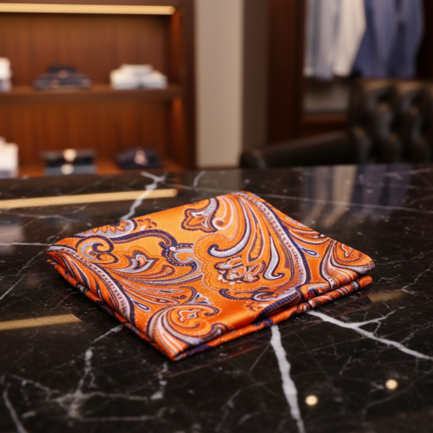 A Orange, Purple Paisley Pattern Pocket Square