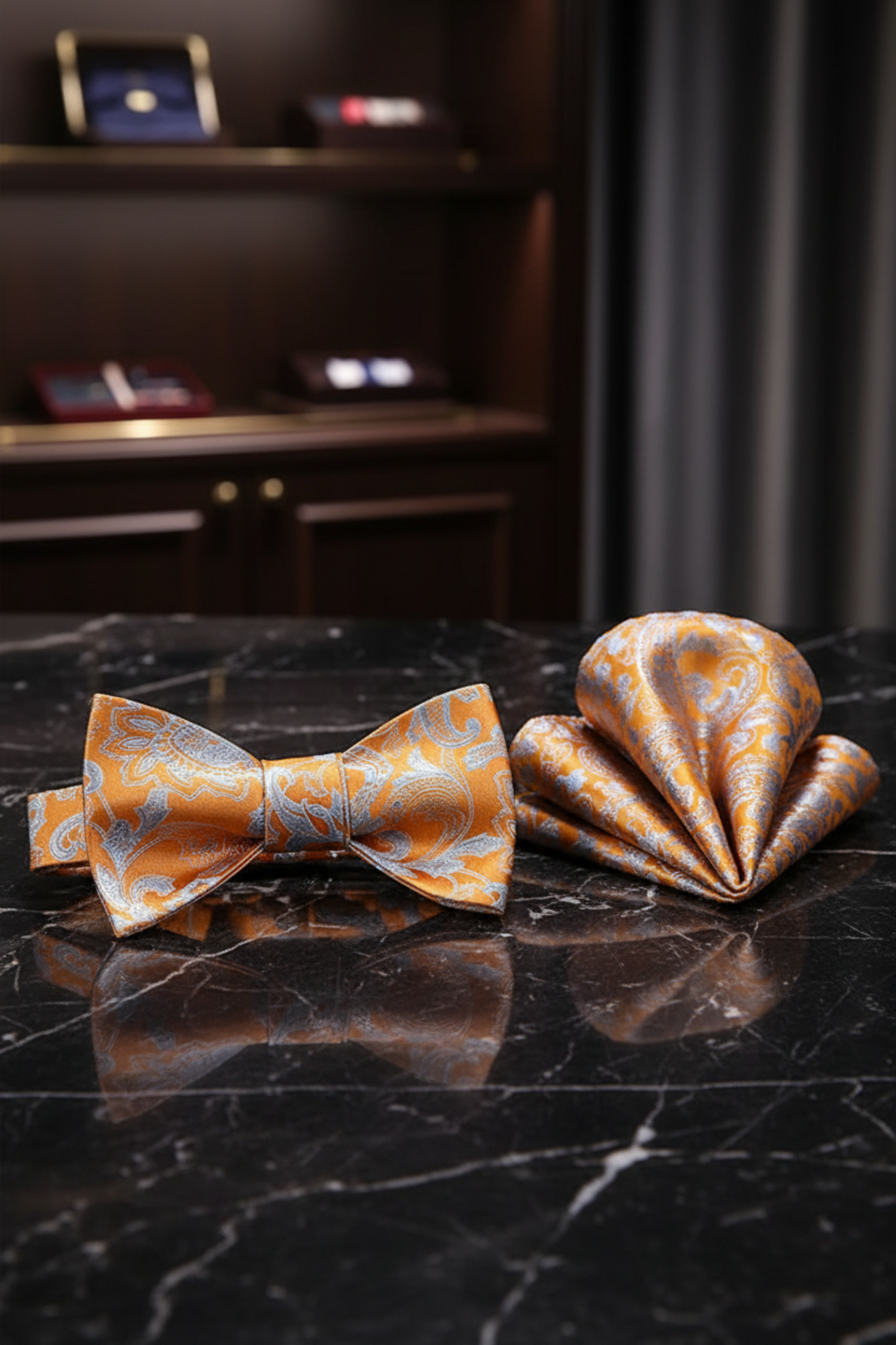 Orange & Silver Paisley Bow Tie and Square