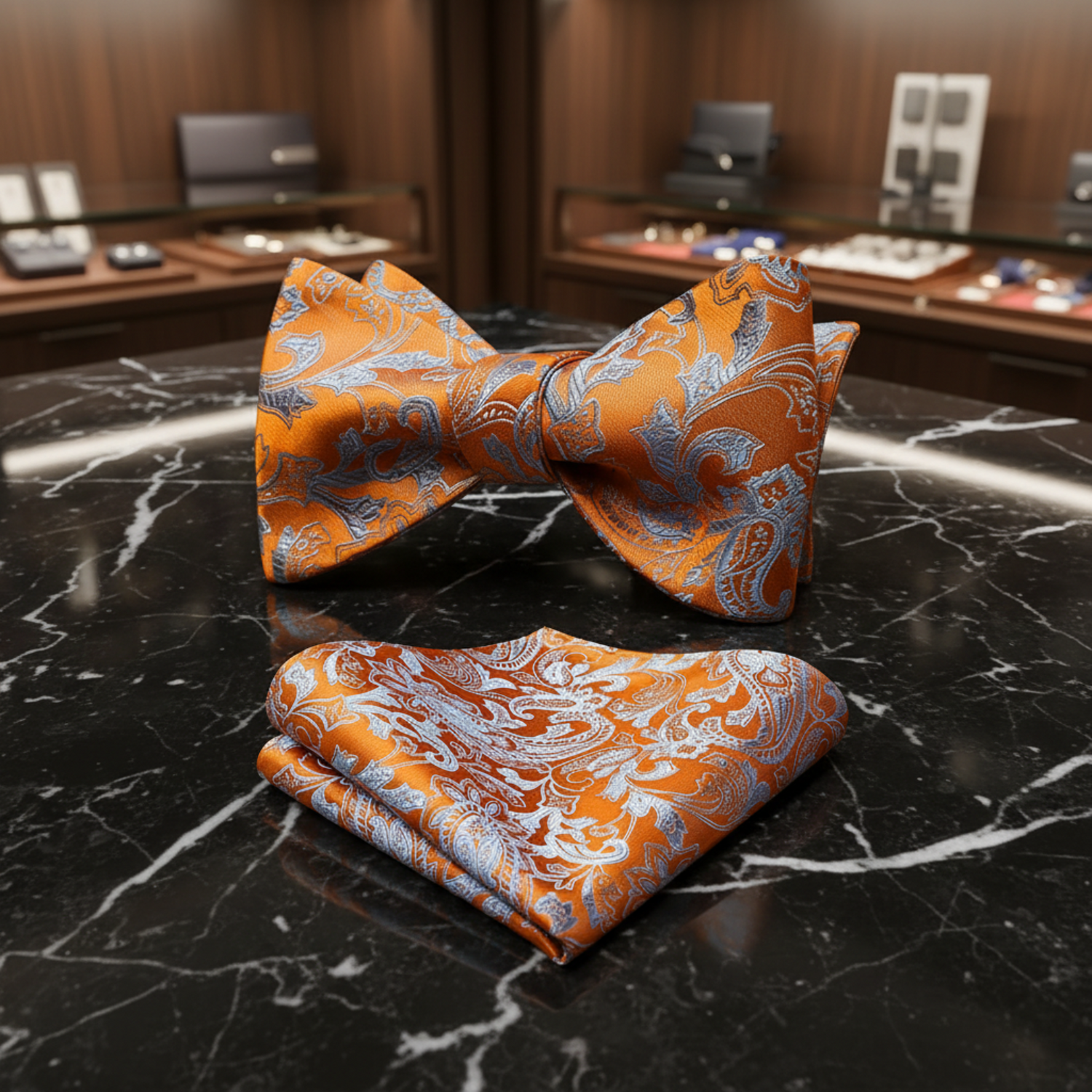 Orange and Silver Paisley Self Tie Bow Tie and Square view 2
