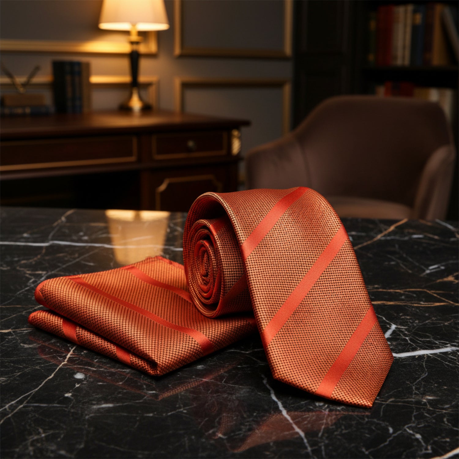 Alt View: Pumpkin Orange Stripe Necktie and Pocket Square