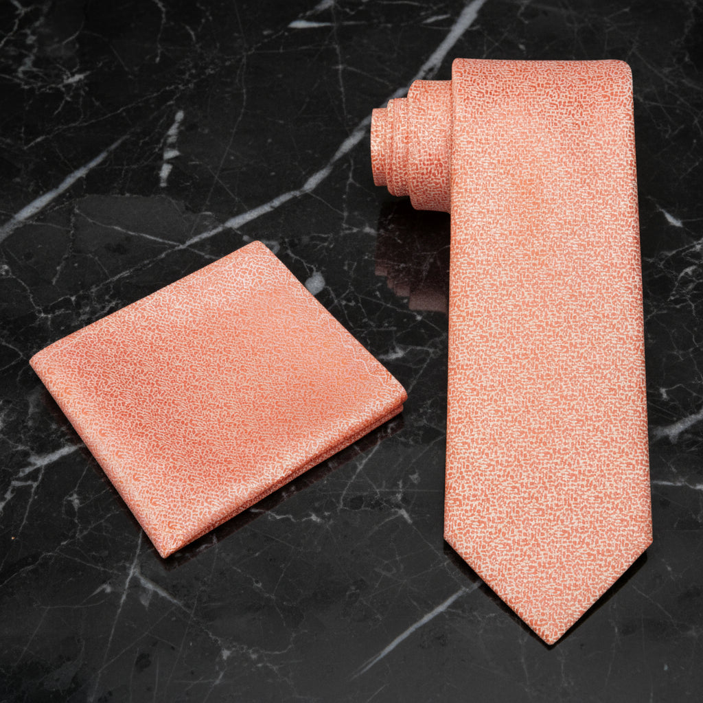 Alt View: A Solid Coral Shimmer Pattern Necktie, Matching Pocket Square