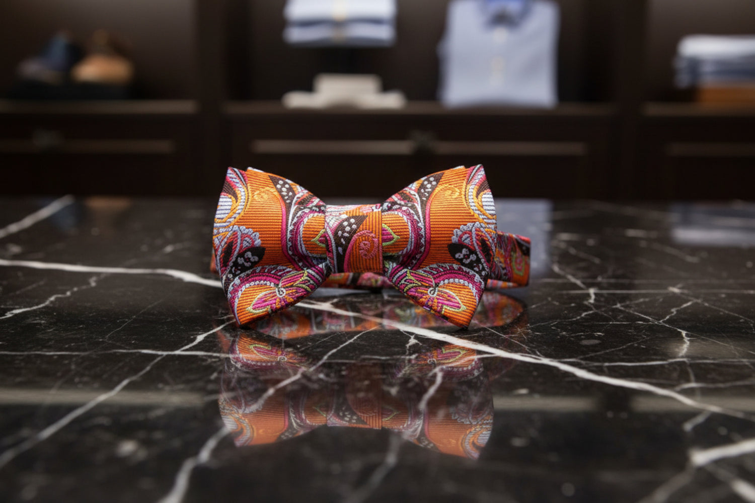 An Orange Intricate Floral with Paisley Pattern Self Tie Bow Tie, 