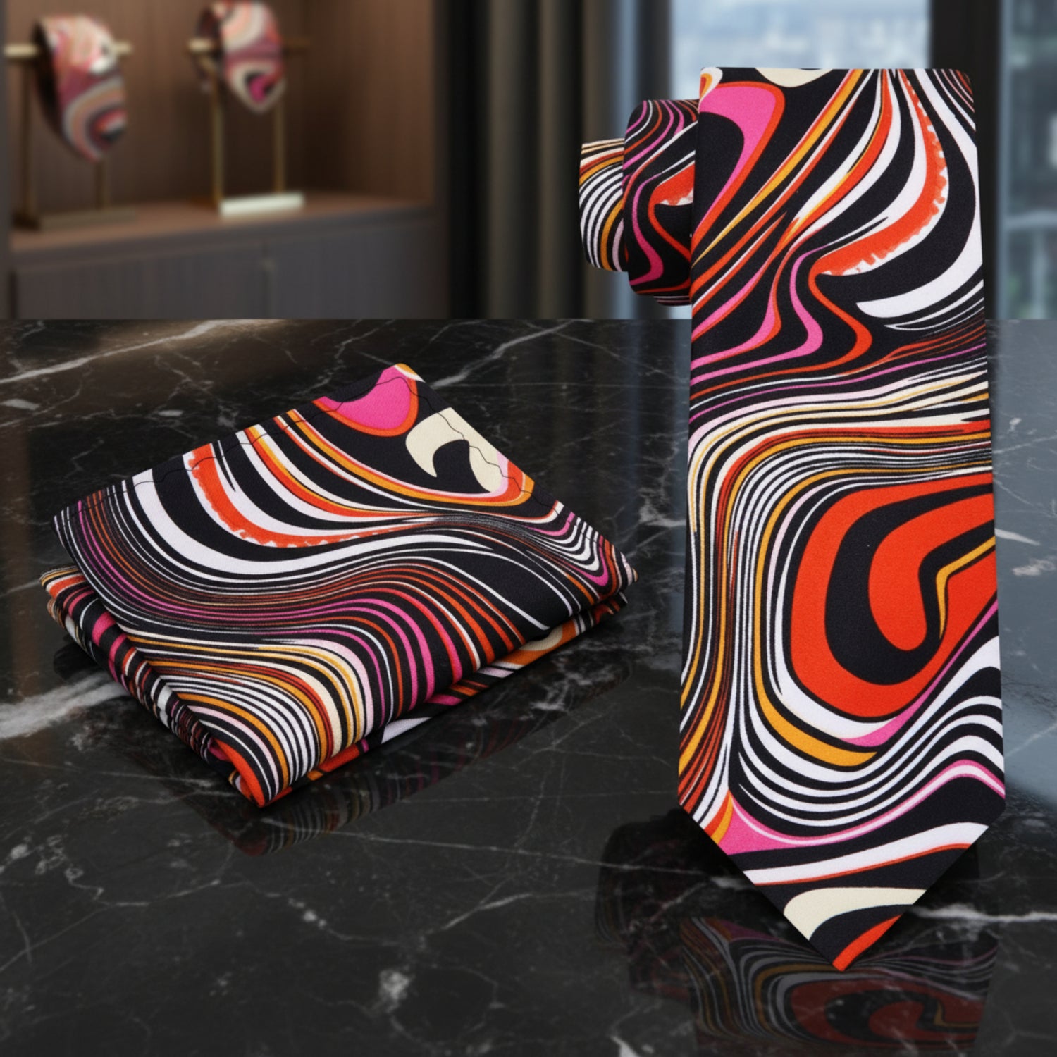 Alt View: Black, Orange, Pink Abstract Tie and Pocket