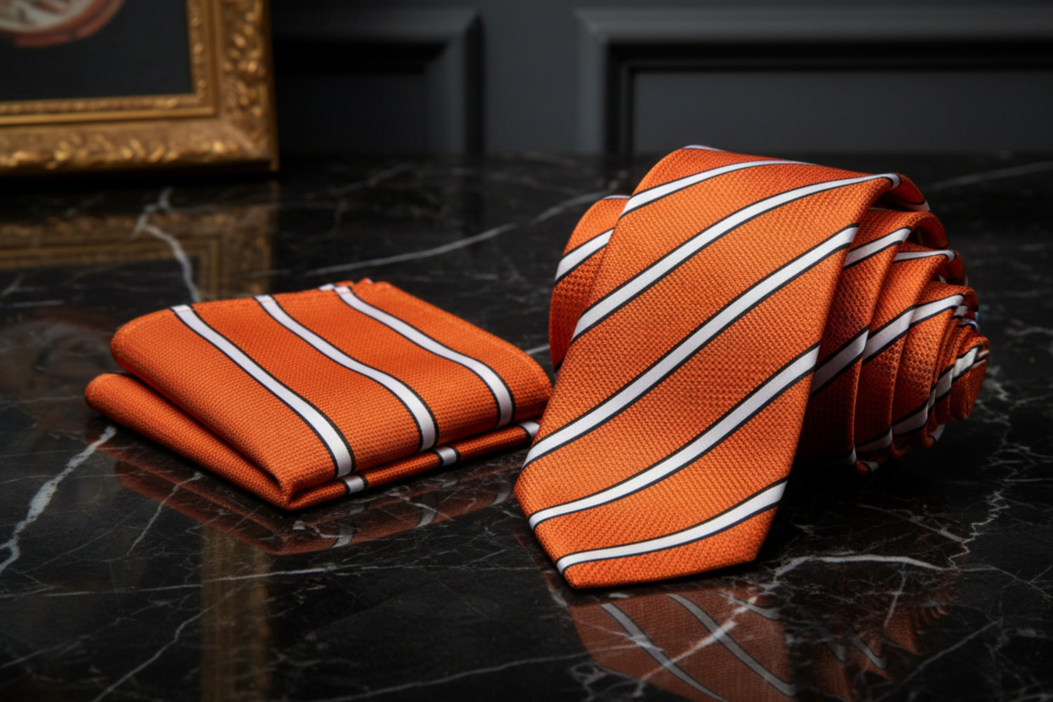 Alt View An Orange, Black, White Stripe Pattern Necktie, Pocket Square 