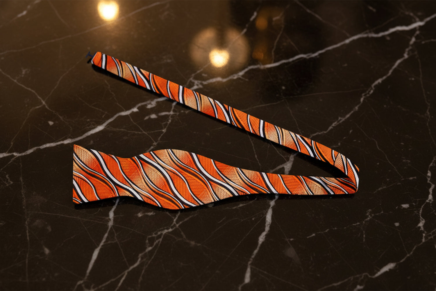 A Black, Orange Yellow Abstract Lines Pattern Self-Tie Bow Tie Untied