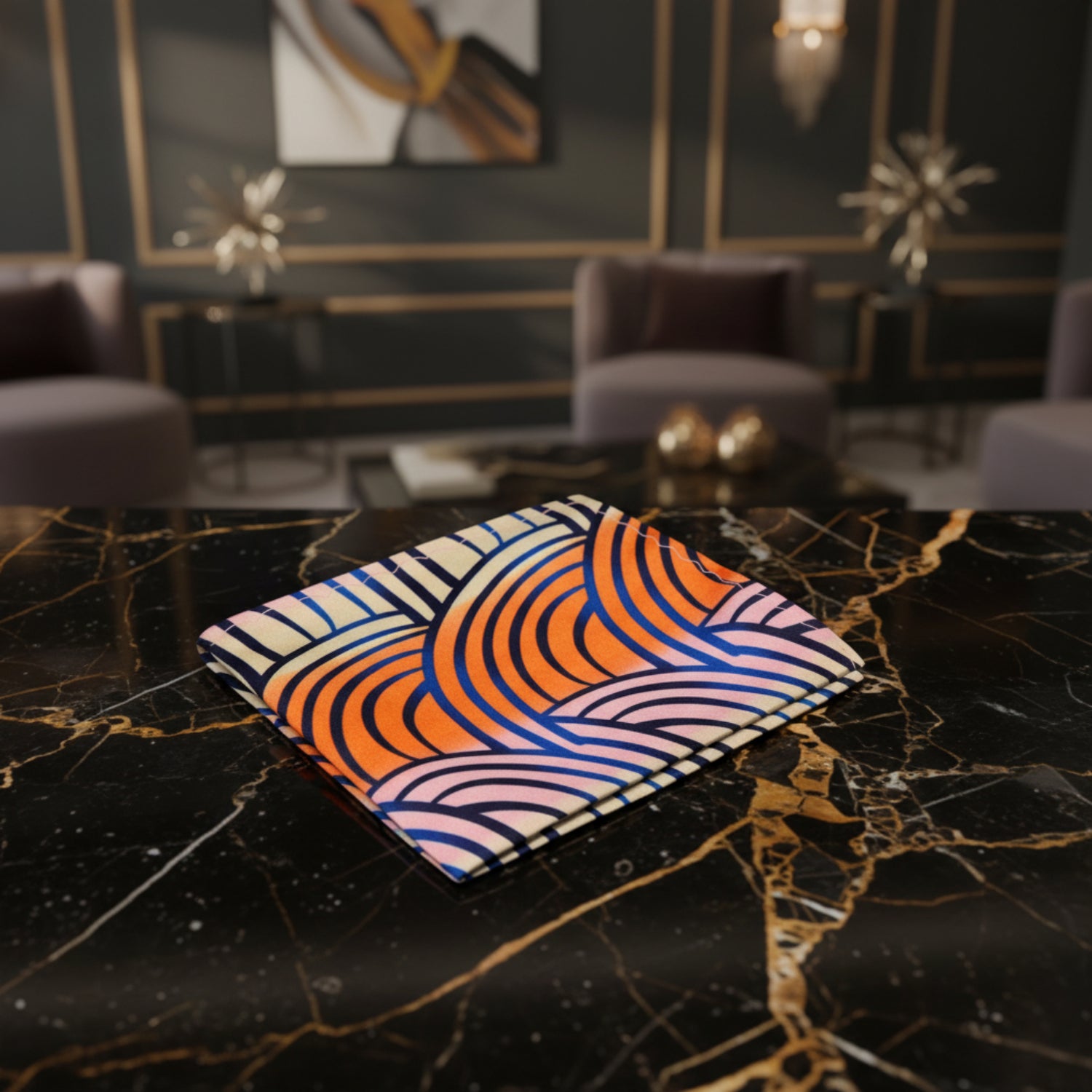 View 2: An Orange, Blue, Pink, Light Butter Color Abstract Lines Pattern Pocket Square