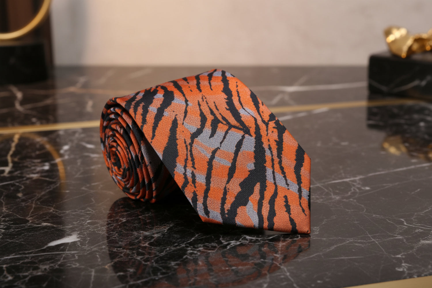 Rolled Up Tie: Orange, Grey, Black Tiger Print Tie  