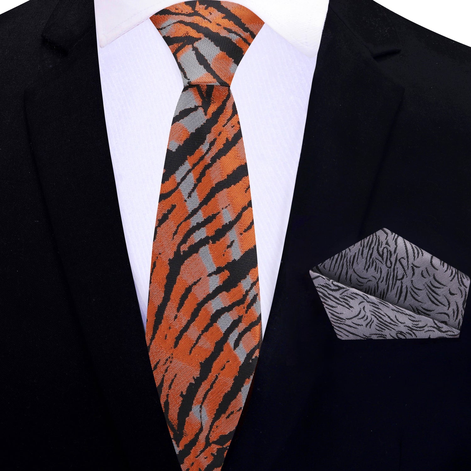 Thin Tie: Orange, Grey, Black Tiger Print Tie and Grey, Black Lines Square