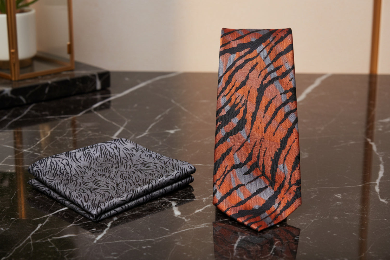 Alt View: Orange, Grey, Black Tiger Print Tie and Grey, Black Lines Square