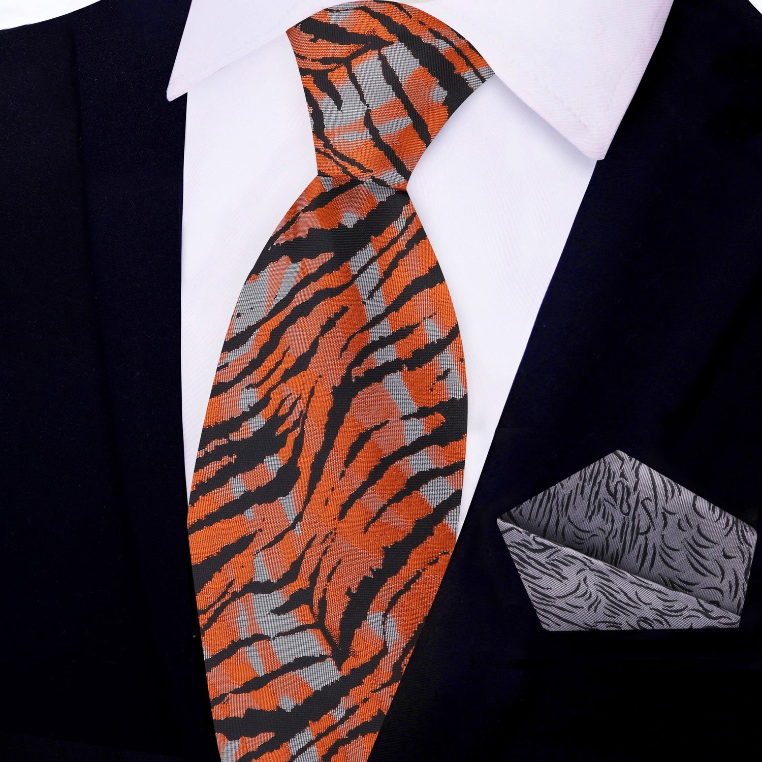 View 2: Orange, Grey, Black Tiger Print Tie and Grey, Black Lines Square