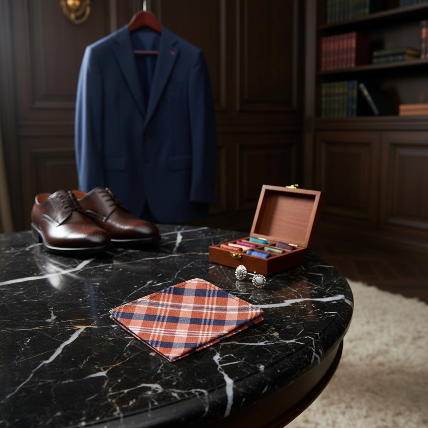 Orange, Blue and White Plaid Pocket Square