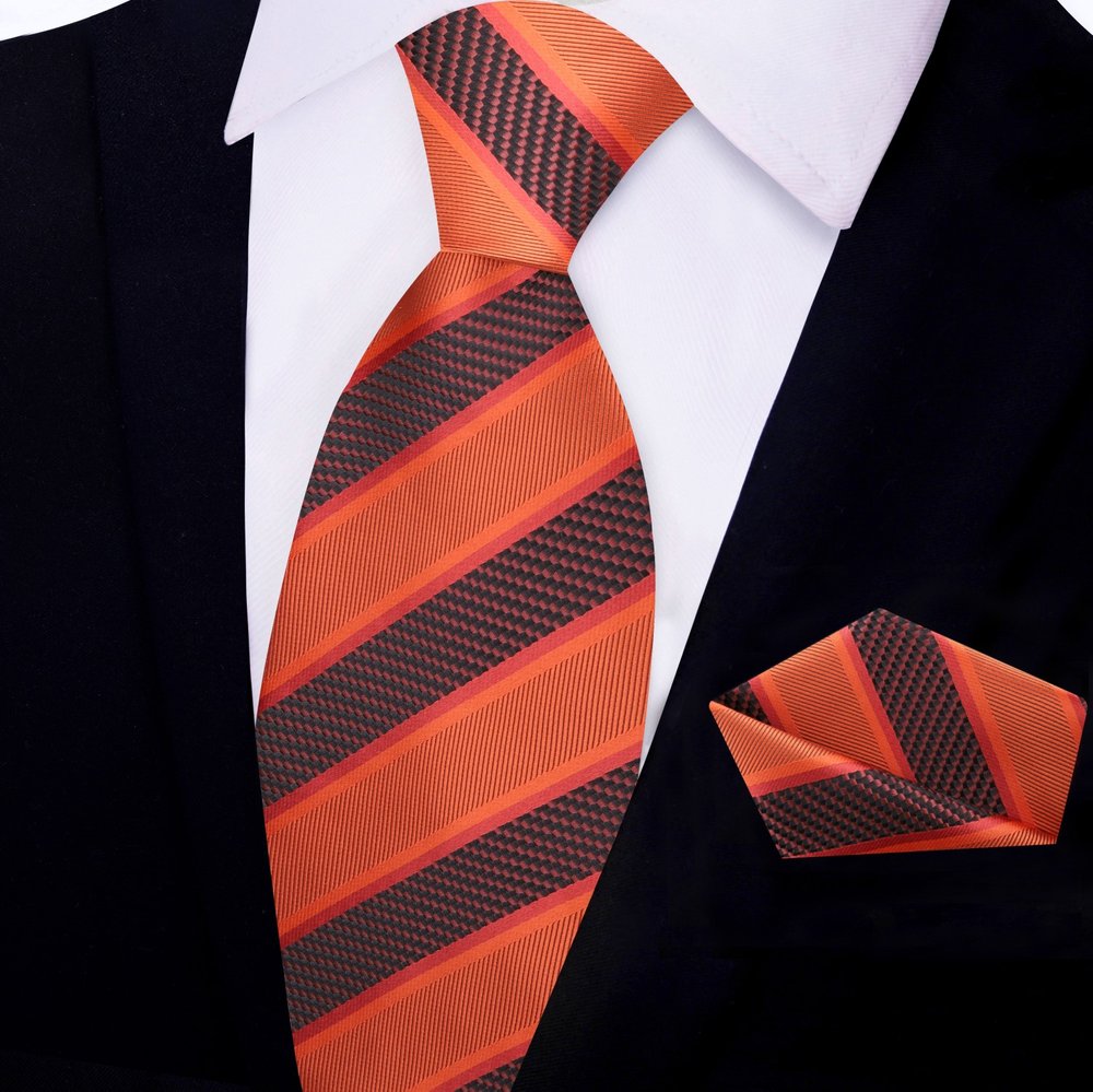 Orange, Brown Stripe Tie and Pocket Square||Orange