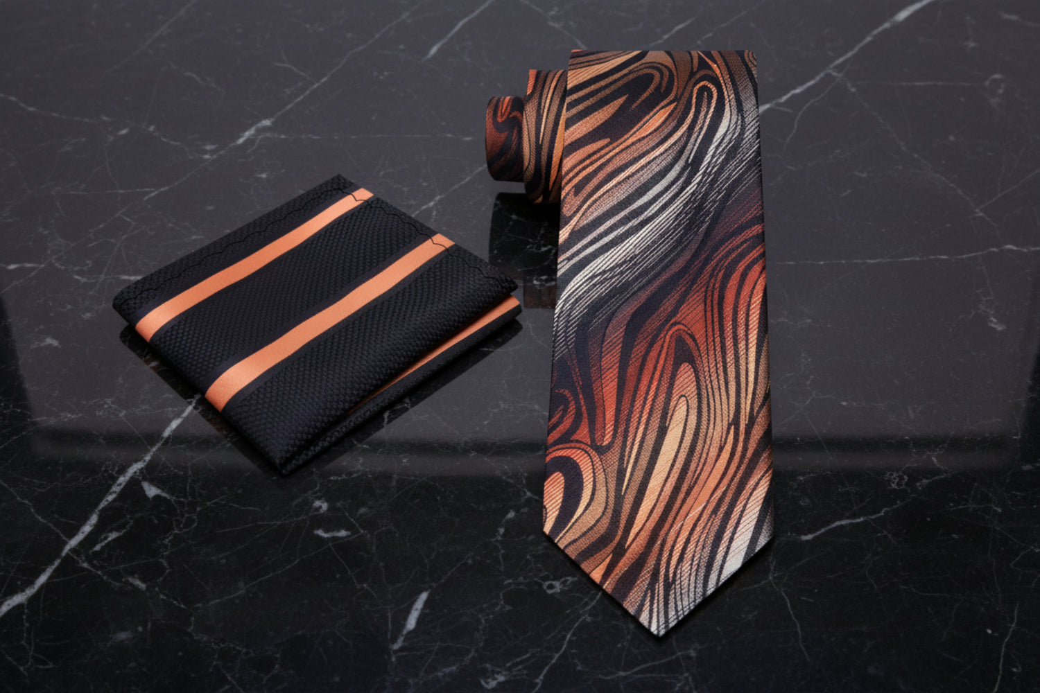 Alt View: A Orange, Grey Abstract Fire Pattern Necktie, Accenting Black, Orange Stripe Pocket Square