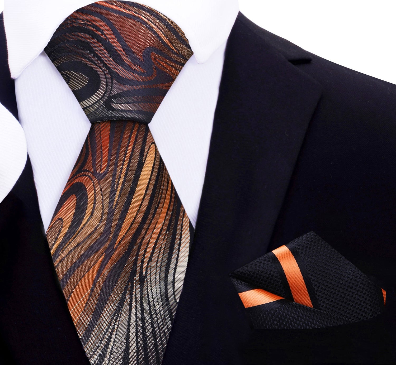 An Orange, Grey Abstract Fire Pattern Necktie, Accenting Black, Orange Stripe Pocket Square