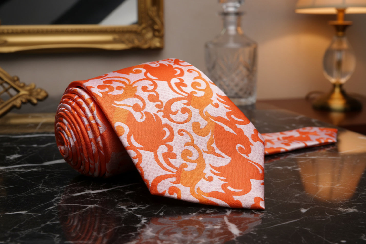 A Orange, Light Orange Vine Floral Pattern Necktie