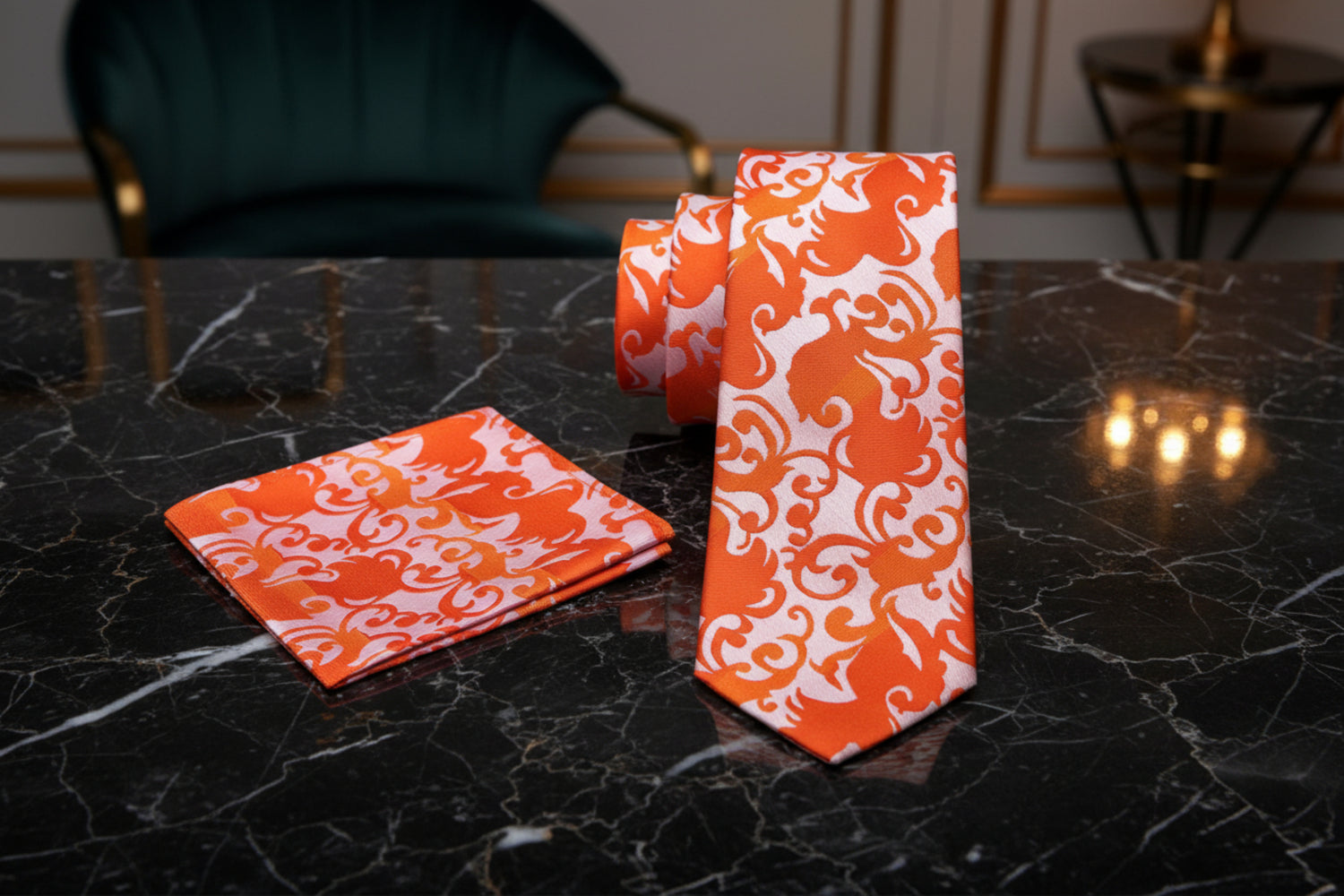 Alt View: A Orange, Light Orange Vine Floral Pattern Necktie, Matching Pocket Square