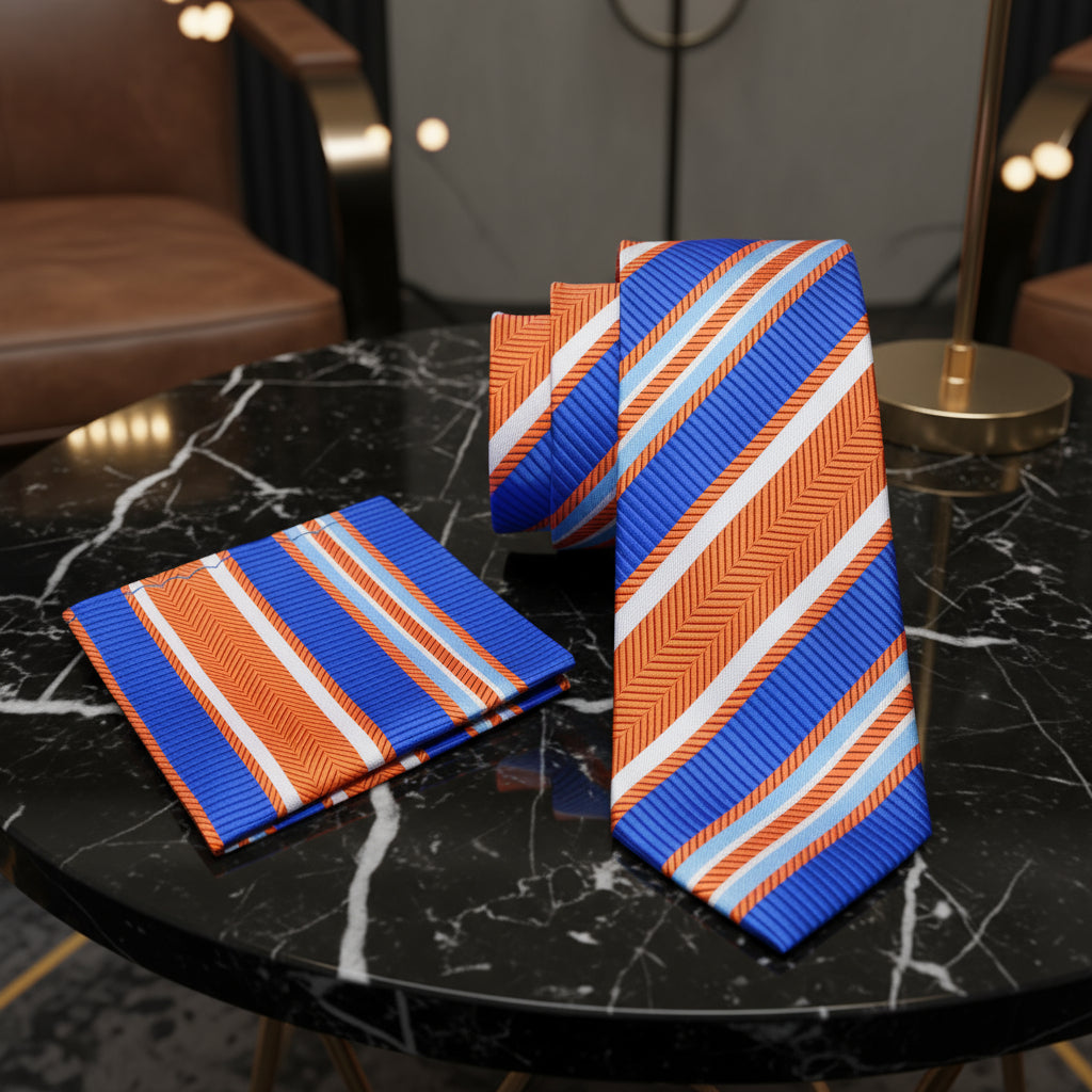 Alt View: A Orange, Blue, White Stripe Pattern Necktie, Matching Pocket Square