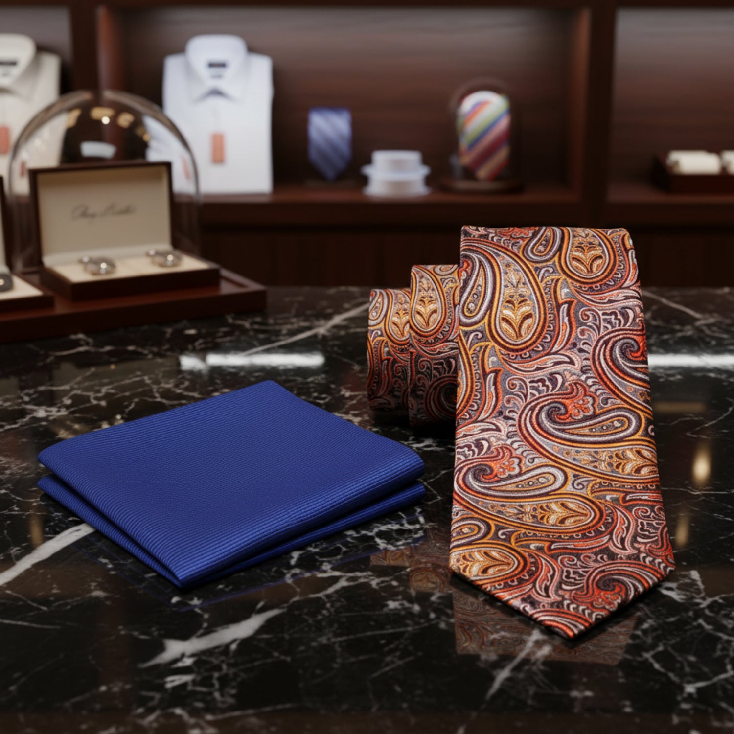 Alt View: A Orange, Grey, Yellow Paisley Pattern Necktie, Blue Pocket Square