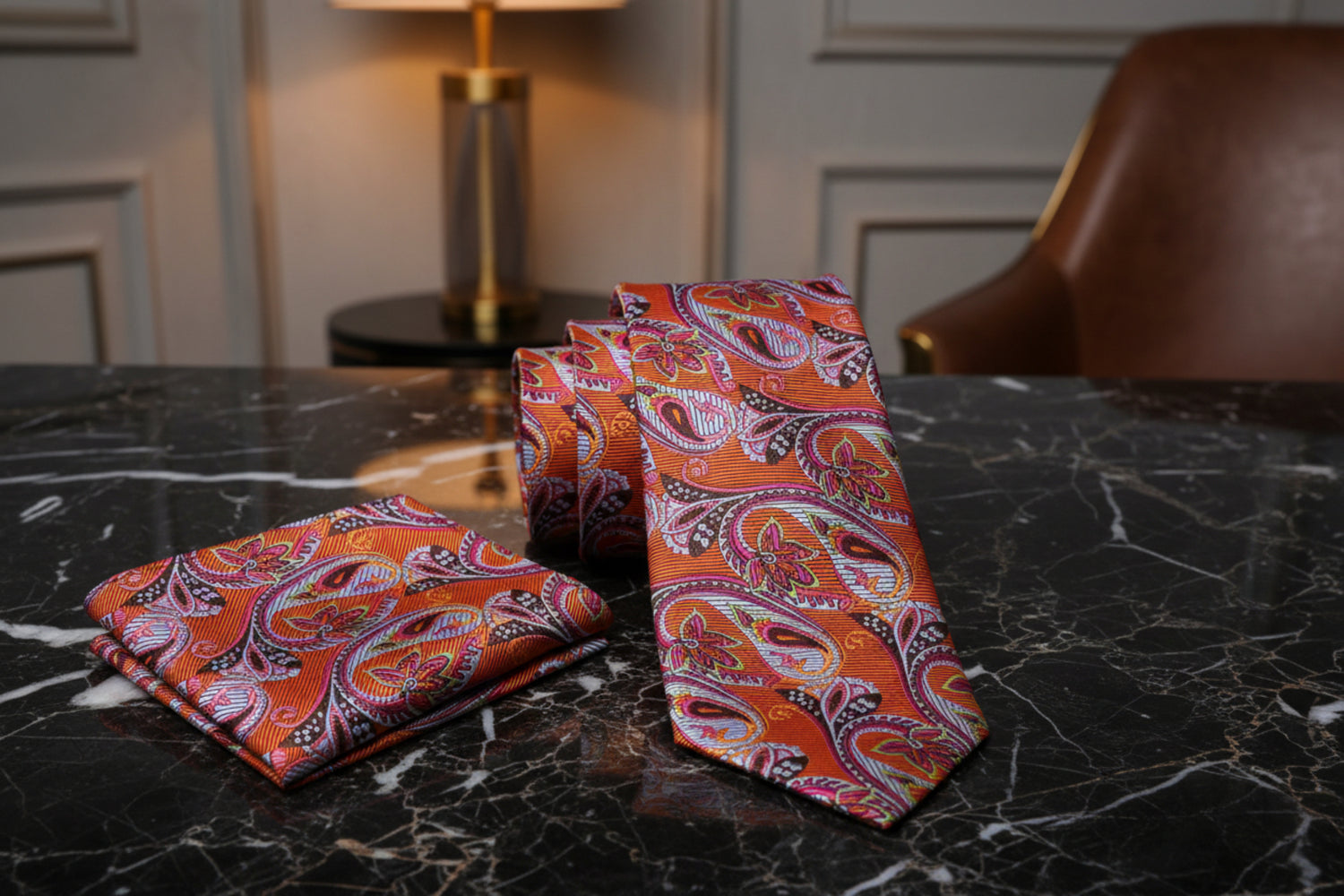 View 2: Orange Paisley Tie and Pocket Square