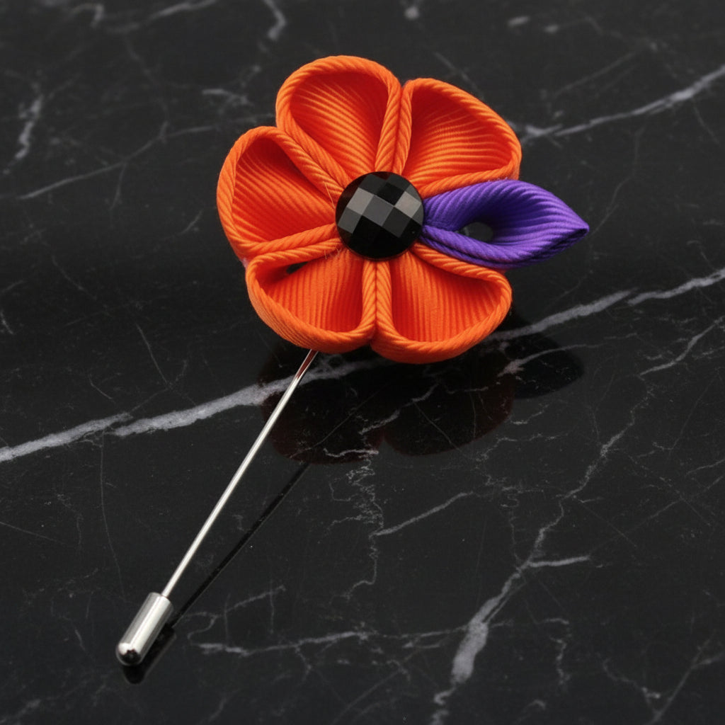 View 2: A Orange, Purple Colored Thick Petal Lapel Flower||Orange, Purple