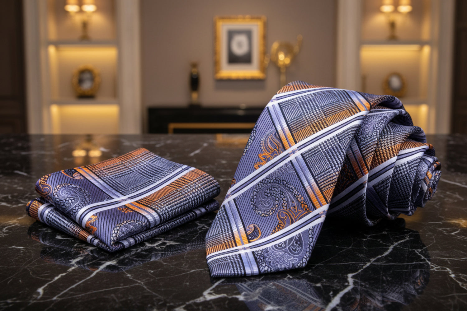 View 2: Main: An Orange, Black, White, Grey Silk Paisley Self Tie Necktie and Pocket Square