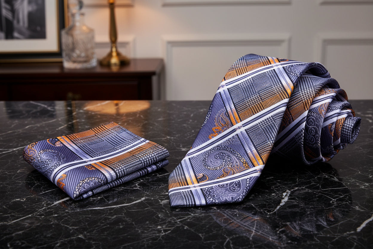 Alt View: Grey, Black, Orange Plaid And Paisley Tie and Matching Square