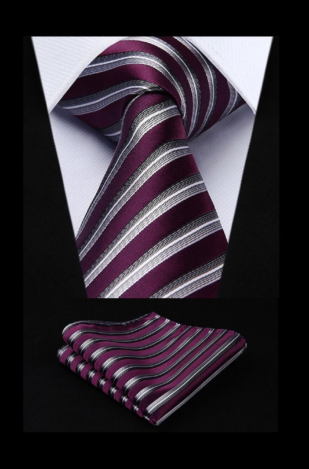 A Purple, Silver Stripe Pattern  Necktie, Matching Pocket Square  