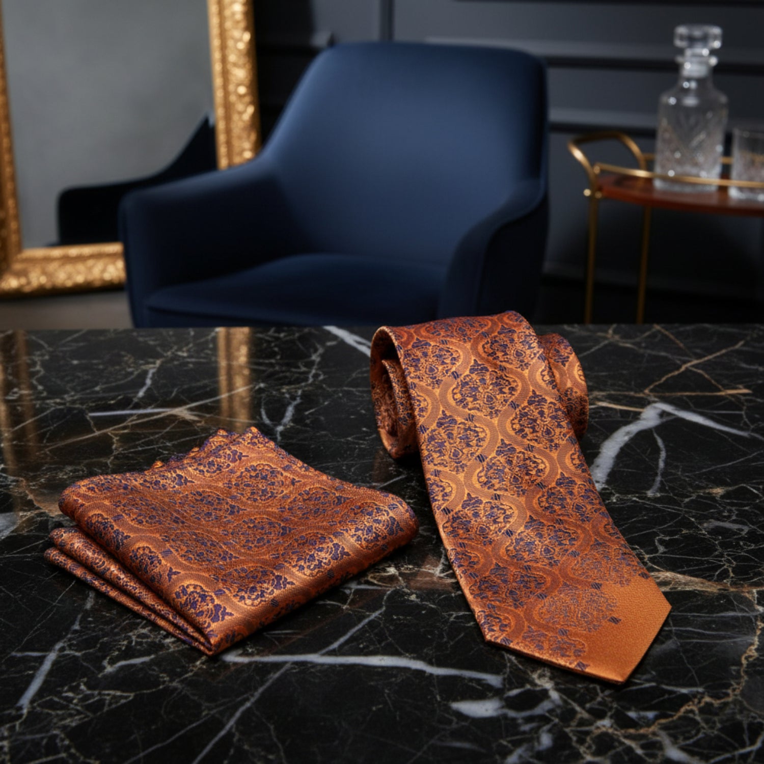 Alt View: A Copper Orange, Dark Blue Intricate Abstract Pattern Necktie, Matching Pocket Square
