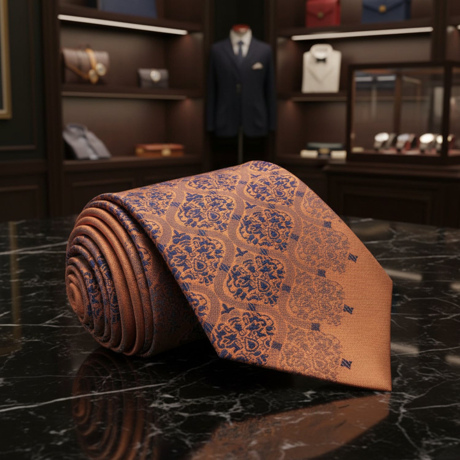 A Copper Orange, Dark Blue Intricate Abstract Pattern Necktie 